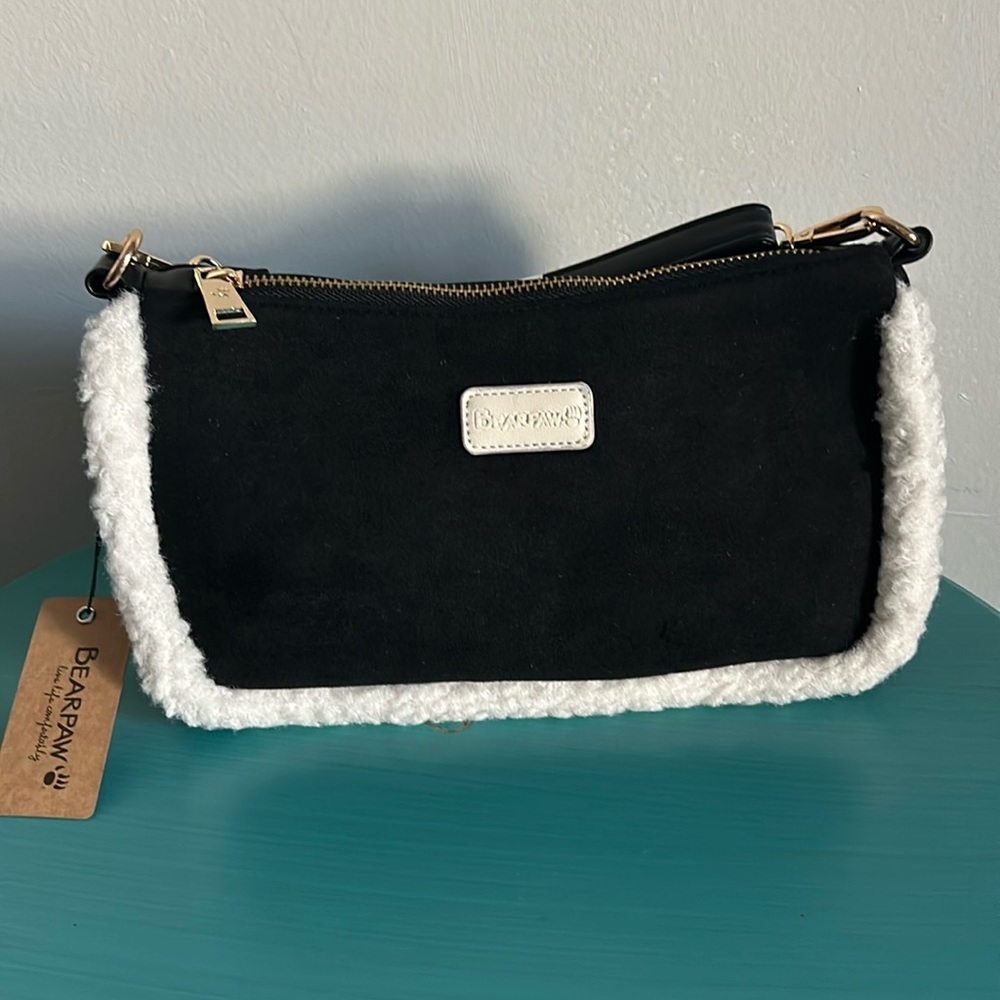New BearPaw Suede Shearling Trim Crossbody Pouchette Bag with Detachable Strap